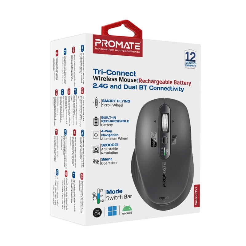 Promate Tri-Connect Wireless Mouse with Rechargeable Battery,