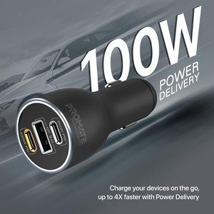 Promate iPhone 15 and Laptop Car Charger - Gray