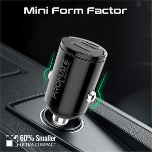 Promate USB-C Car Charger, Ultra-Compact Fast 40W Power - Black