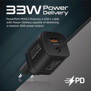 Promate USB-C Charger, Premium 33W Power Delivery Wall Adapter with 22.5W - Black