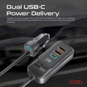 Promate Car Charger, Premium 120W DC Charger - Gray