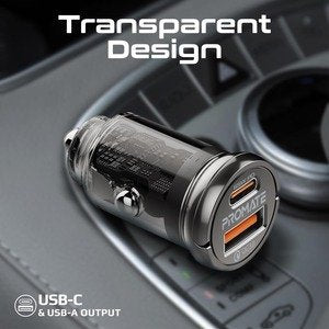 Promate Car Charger, Transparent 65W Ultra-Compact Car Adapter - Transparent