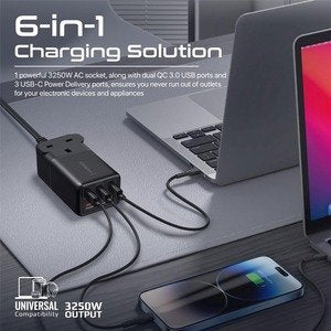 Promate Power Strip, 6-in-1 Multi-Port 75W