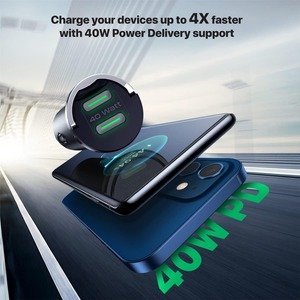 Promate USB-C Car Charger, Ultra-Compact Fast 40W Power