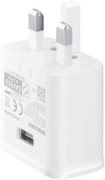 Official Samsung 15W Fast Charging Wall Adapter box with USB-A to USB-C cable, white packaging on a wooden surface