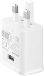 Official Samsung 15W Fast Charging Wall Adapter box with USB-A to USB-C cable, white packaging on a wooden surface