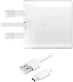 Official Samsung 15W Fast Charging Wall Adapter box with USB-A to USB-C cable, white packaging on a wooden surface