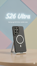 Samsung S26 Ultra carbon fiber texture mobile case in orange/black with integrated metal stand and MagSafe ring, displayed on a wooden table with a neon S26 Ultra background