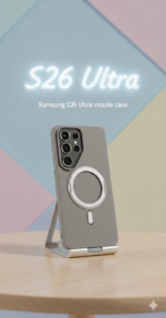 Samsung S26 Ultra carbon fiber texture mobile case in orange/black with integrated metal stand and MagSafe ring, displayed on a wooden table with a neon S26 Ultra background