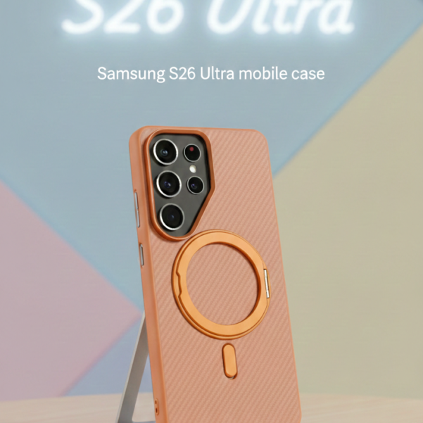 Samsung S26 Ultra carbon fiber texture mobile case in orange/black with integrated metal stand and MagSafe ring, displayed on a wooden table with a neon S26 Ultra background