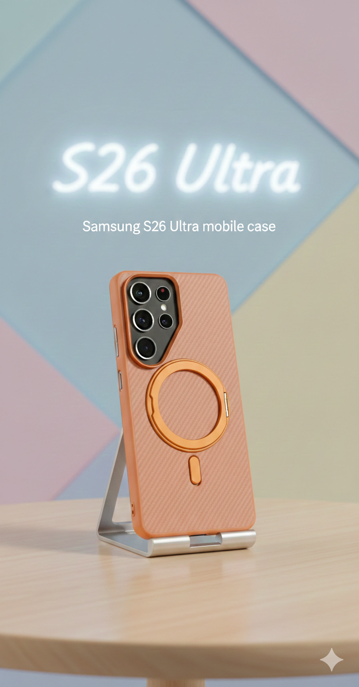 Gemini_Generated_Image_oxuj46oxuj46oxuj Samsung S26 Ultra carbon fiber texture mobile case in orange/black with integrated metal stand and MagSafe ring, displayed on a wooden table with a neon S26 Ultra background