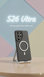 Samsung S26 Ultra carbon fiber texture mobile case in orange/black with integrated metal stand and MagSafe ring, displayed on a wooden table with a neon S26 Ultra background