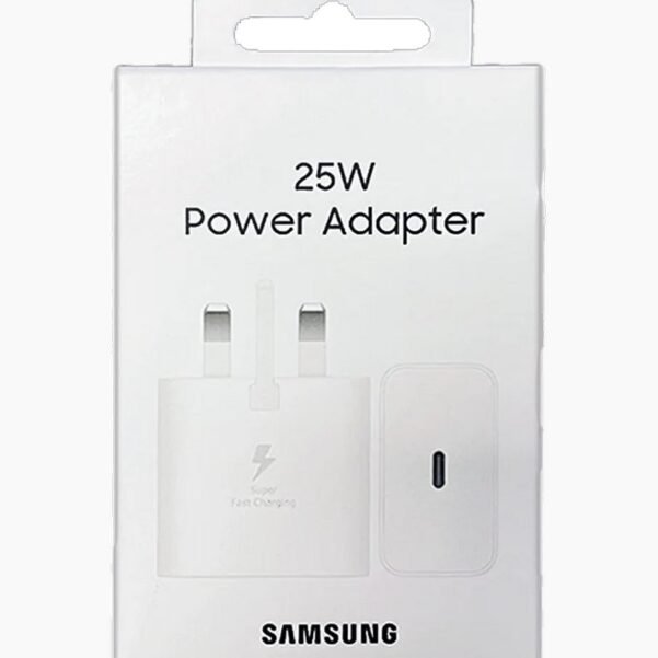 Official Samsung 25W Power Adapter white box featuring Super Fast Charging logo and USB-C port illustration