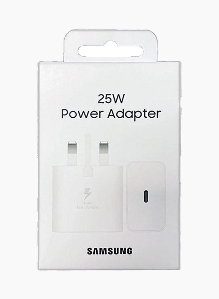 Official Samsung 25W Power Adapter white box featuring Super Fast Charging logo and USB-C port illustration