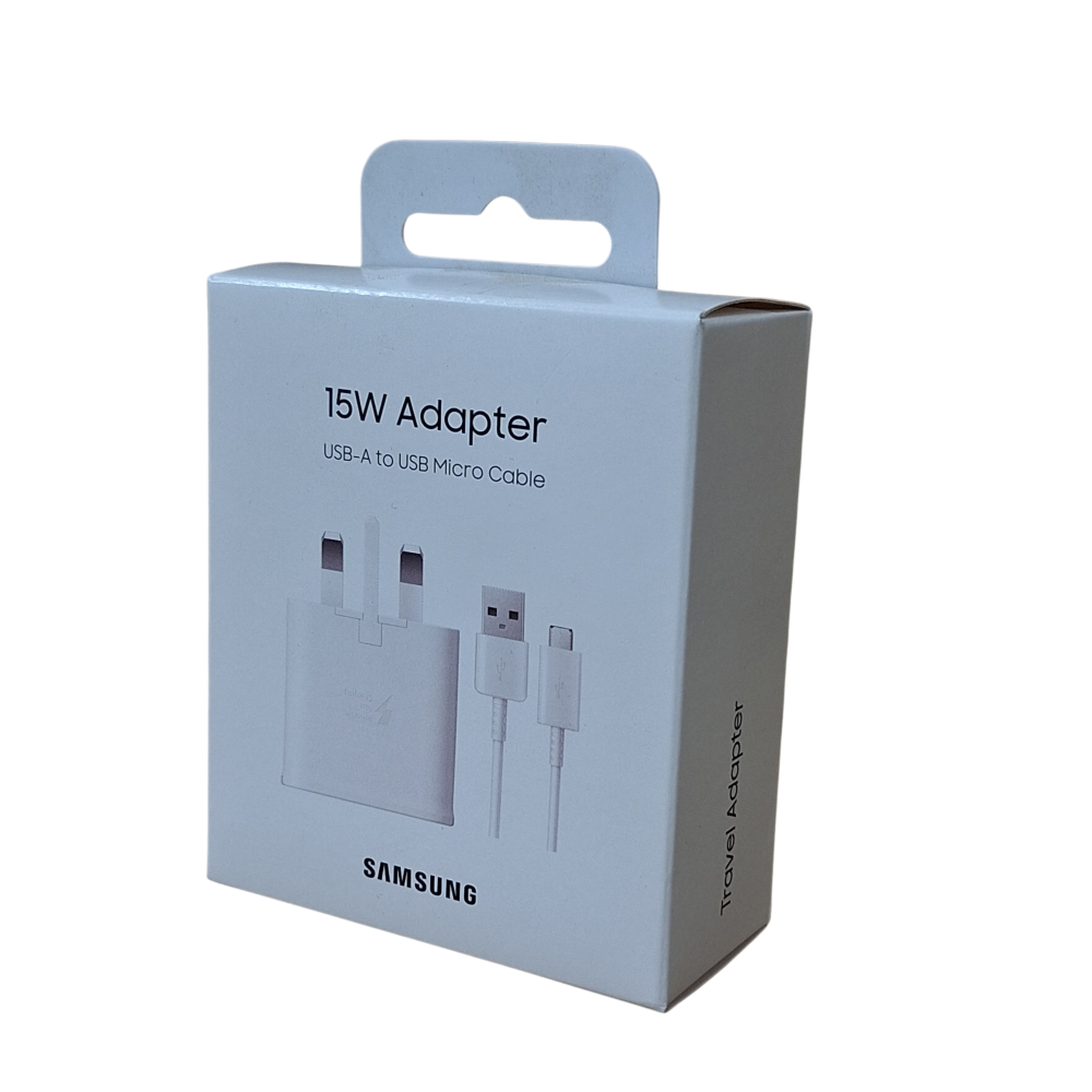 qEuPyMXv8RMFHcuCTz8bDwes6N9A5KzFubVInWCq Official Samsung 15W Fast Charging Wall Adapter box with USB-A to USB-C cable, white packaging on a wooden surface