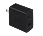 Official Samsung 35W Power Adapter Duo box in white packaging showing a black 3-pin charger with dual USB-C and USB-A ports.