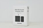 Official Samsung 35W Power Adapter Duo box in white packaging showing a black 3-pin charger with dual USB-C and USB-A ports.
