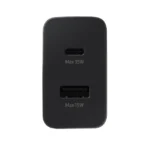 Official Samsung 35W Power Adapter Duo box in white packaging showing a black 3-pin charger with dual USB-C and USB-A ports.